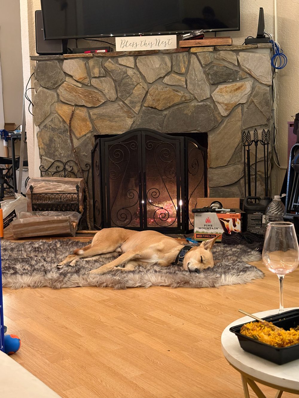 A dog asleep on a rug in front of a fireplace